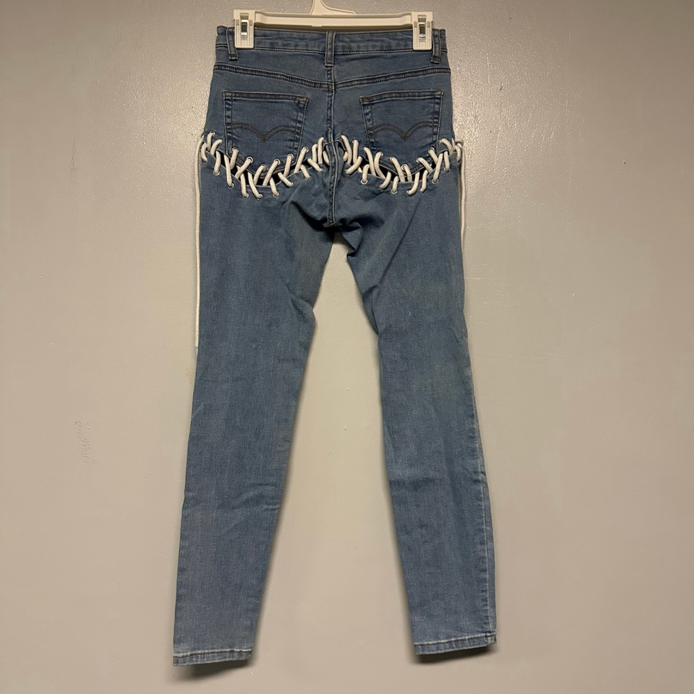 My Boo Blue Skinny Jeans White Lace-Up Detail Size small waist 15” inseam 30”